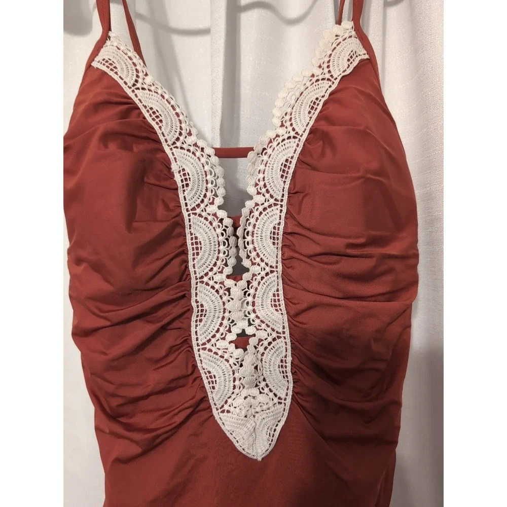 NWT Time and True One Piece Embroidered Front High Leg Low Tie Back Sz. M (8-10)